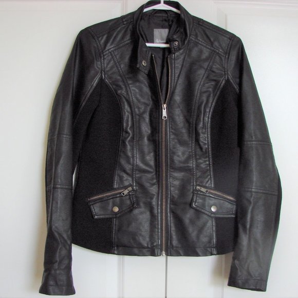 Black Faux Leather Moto Jacket Zippers Ribbed Size Small - Picture 2 of 12
